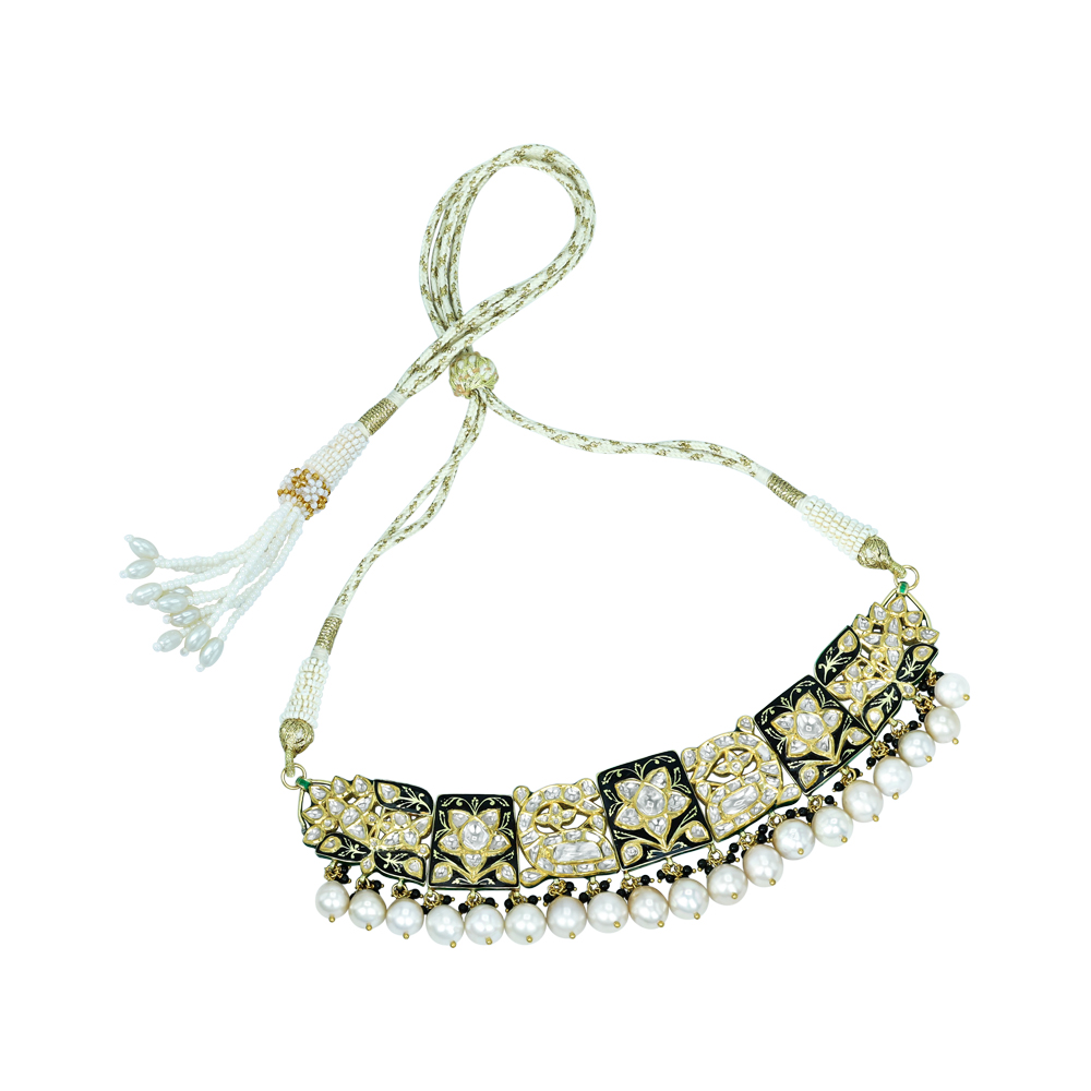 Polki Choker Necklace with Black Enamel and Pearls